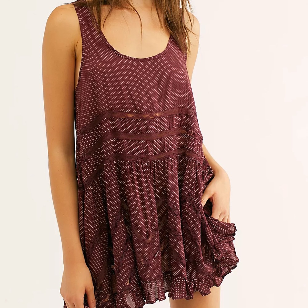 Free People Voile and Lace Trapeze Slip Tunic Maroon “Coconut Husk”